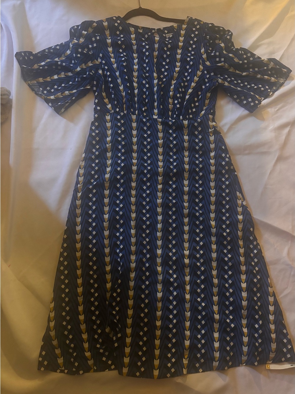 The Odells Anthropologie Blue Geometric Midi Dress Medium Bell Sleeve Rayon